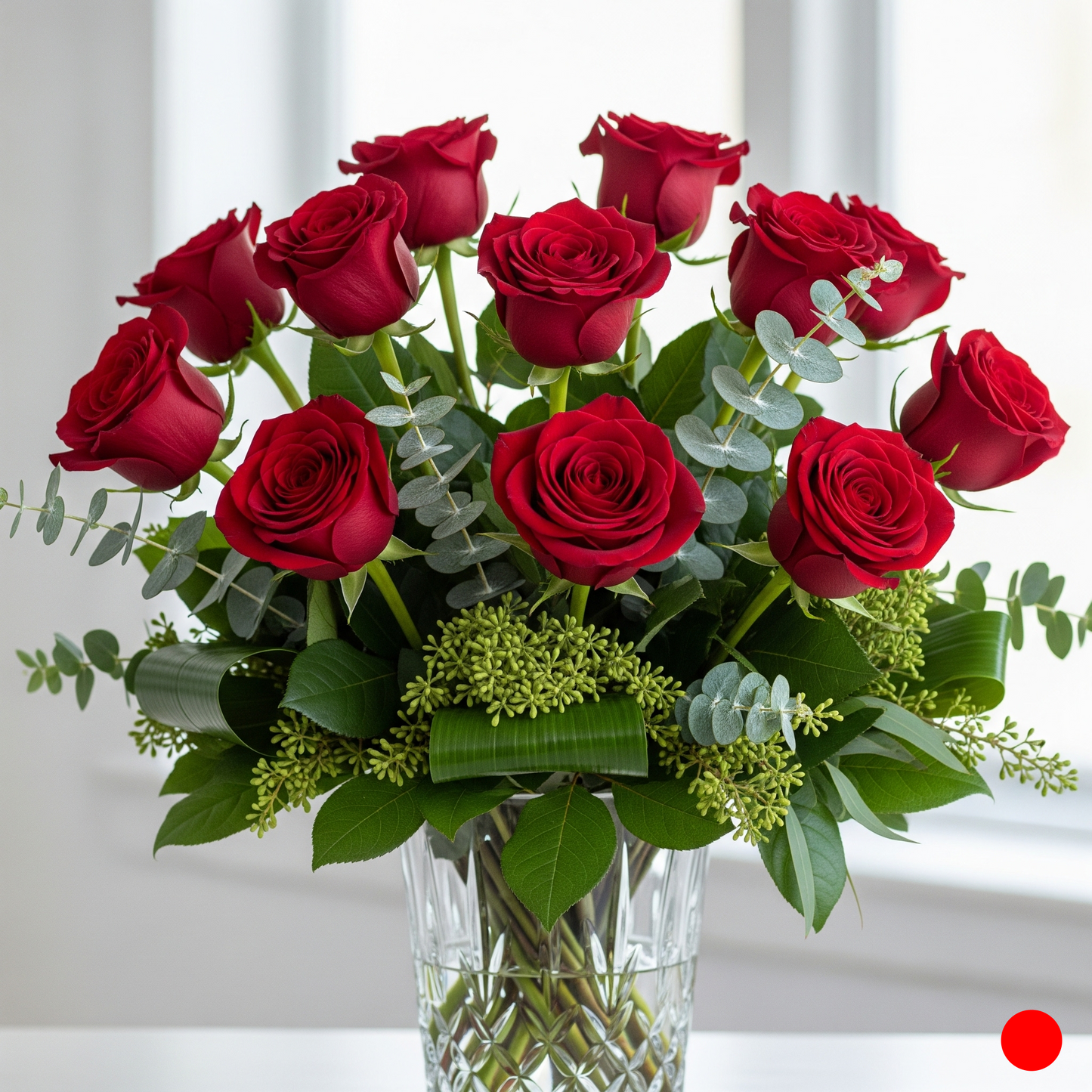 Bouquet of red roses with greenery in a clear vase on a light background