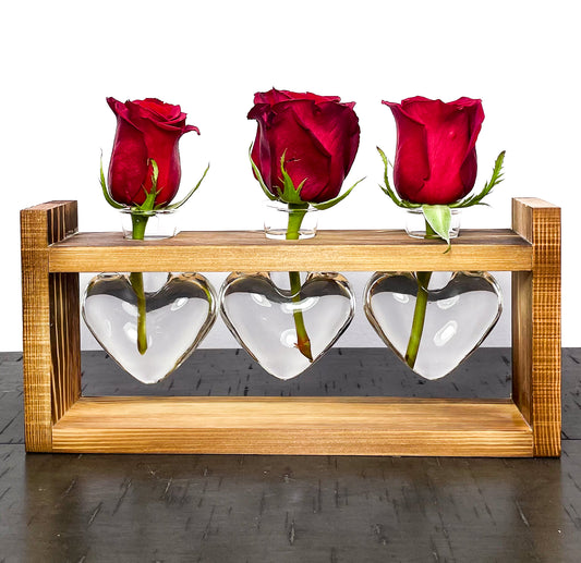 3 Heart Shaped Glass Vases with Red Roses & Wood Stand