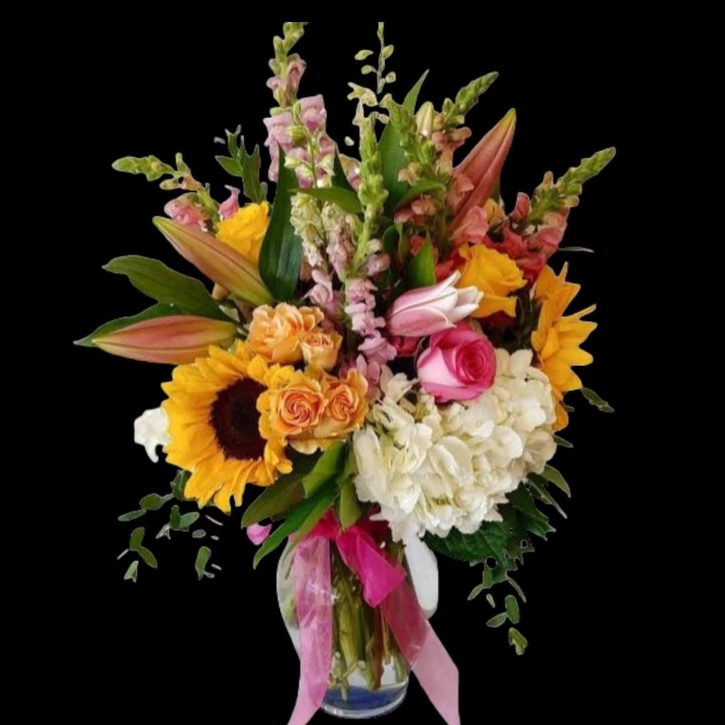 sunflowers, spray roses, lilies, hydrangea, snap dragons, roses, floral flower arrangement