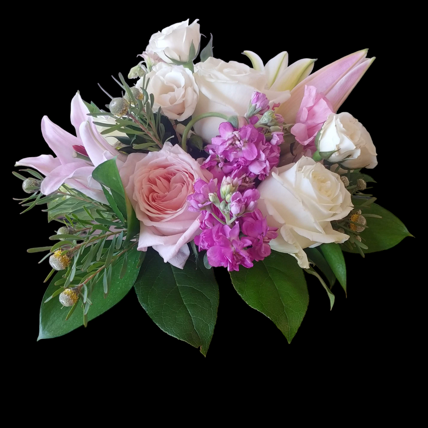 Roses and stock in a colorful cube