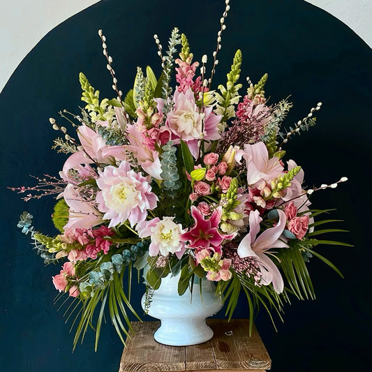 Victorian Style Flower Arrangment dahlias, Star gazer lilies, snap dragons