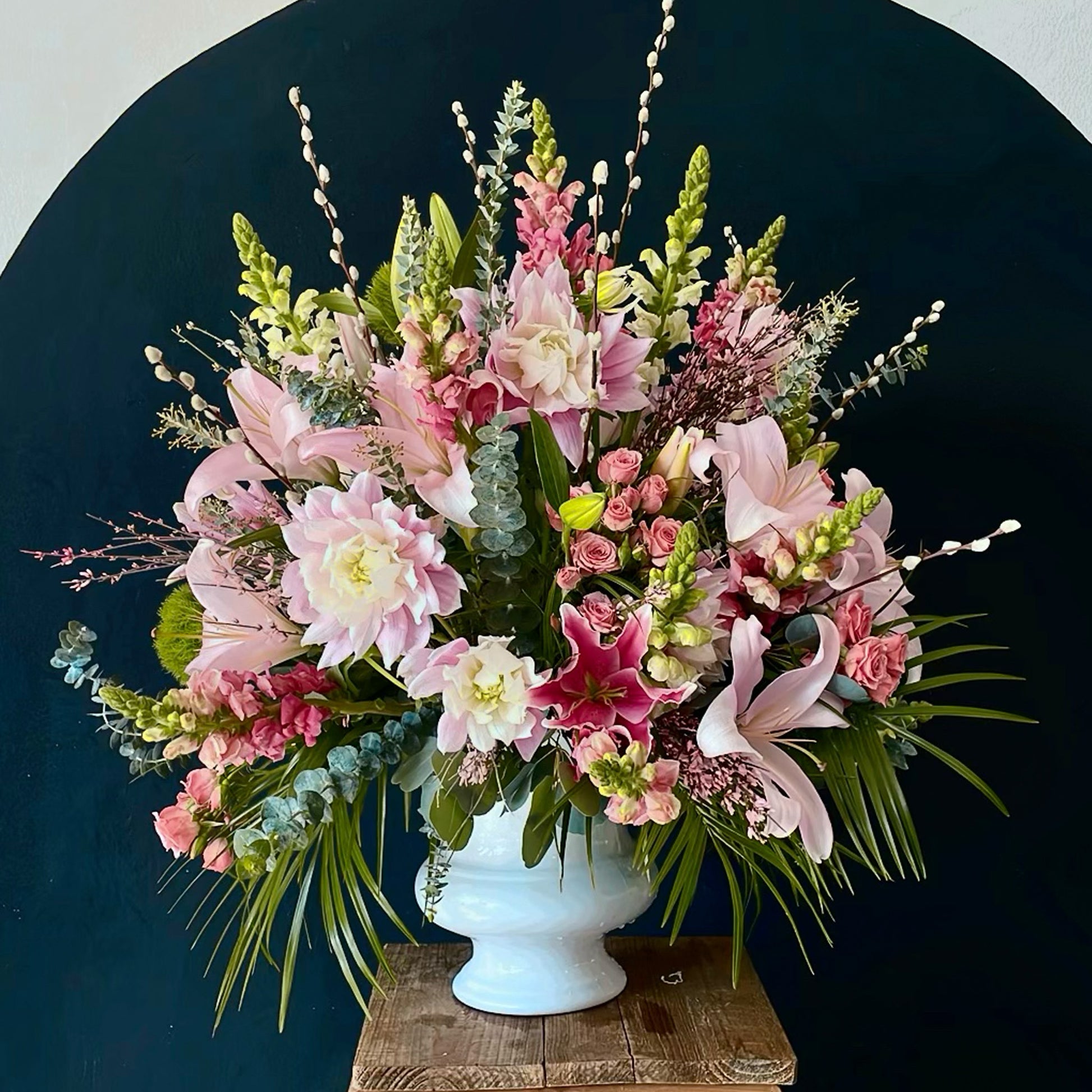 Victorian Style Flower Arrangment dahlias, Star gazer lilies, snap dragons 