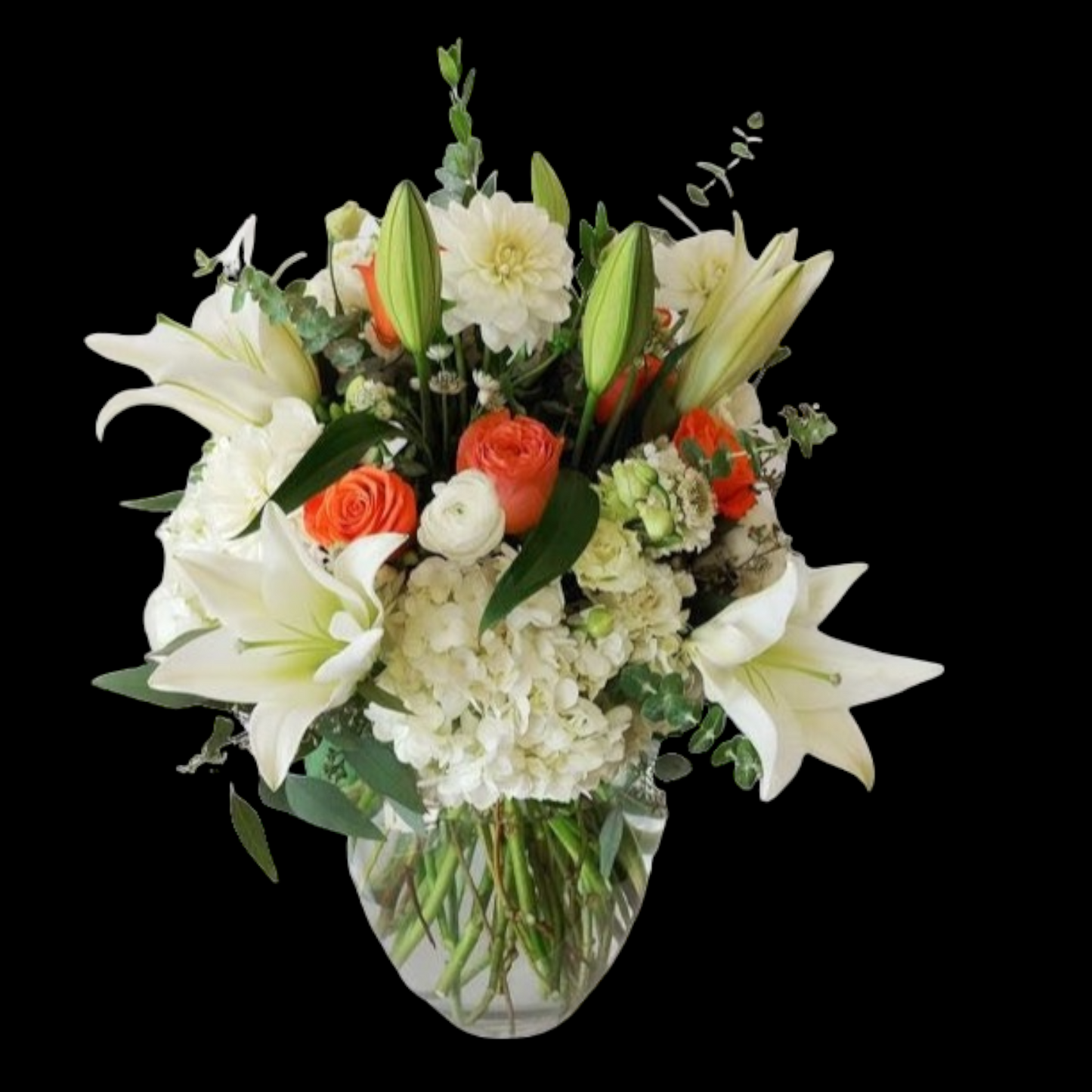 orange roses, dahlias, lilies, hydrangea floral flower arrangement