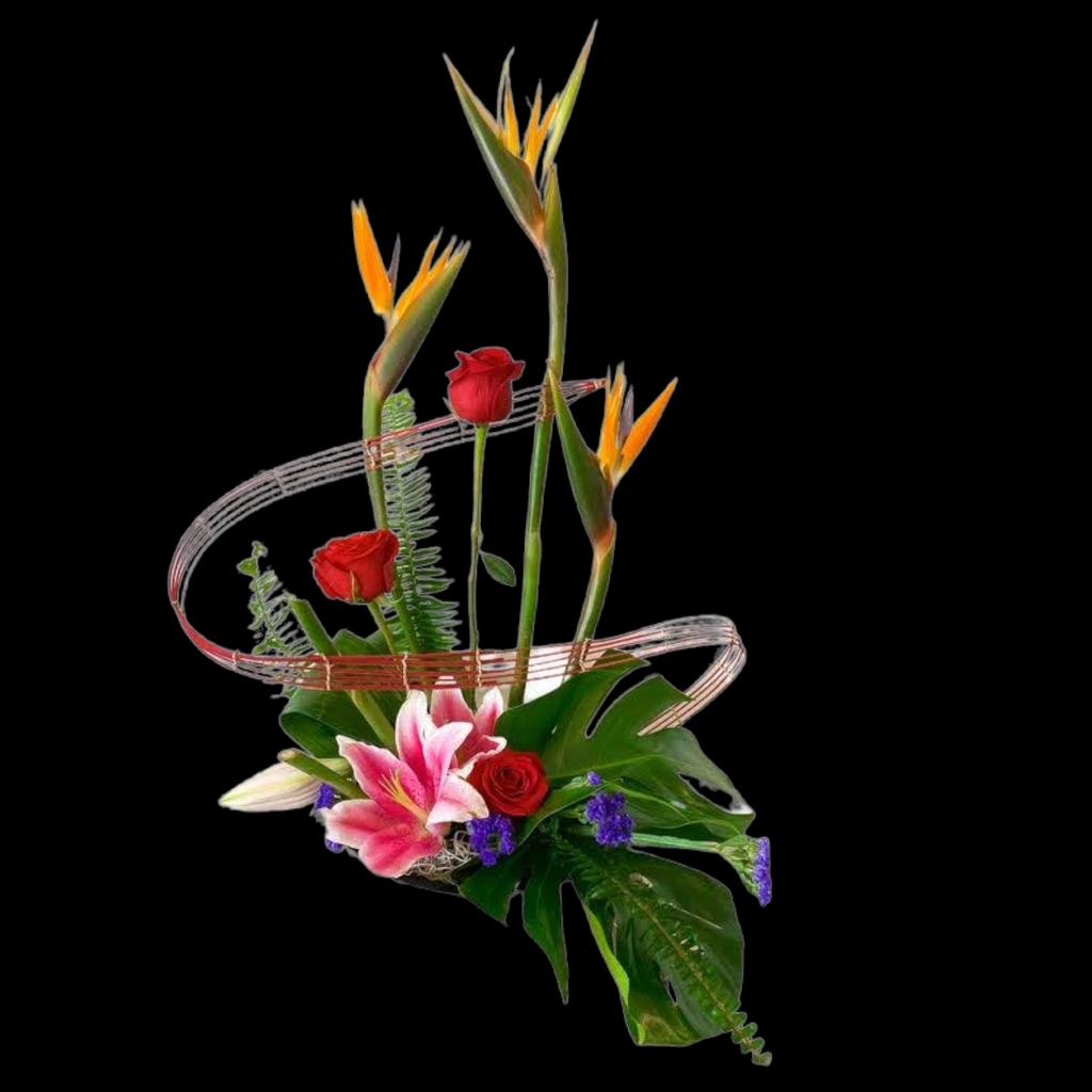 Birds of paradise, lilies, roses floral flower arrangement