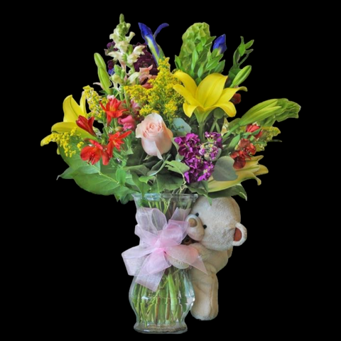 lilies, iris,snap dragons, teddy bear, alstroemeria, stalk, roses, floral flower arrangement 