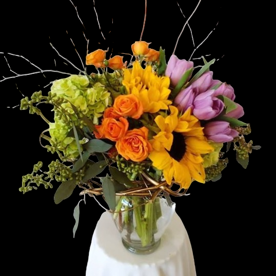 sunflowers, spray roses, tulips, hydrangea, floral flower arrangement